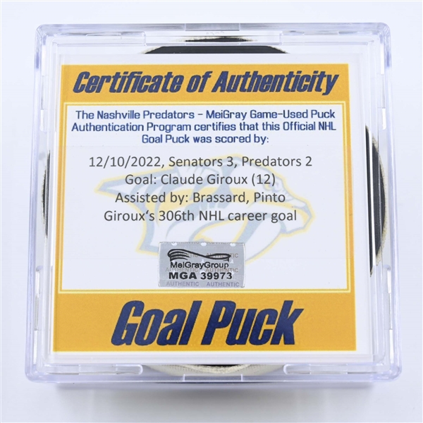 Claude Giroux - Ottawa Senators - Goal Puck - December 10, 2022 vs. Nashville Predators (Predators Logo) 