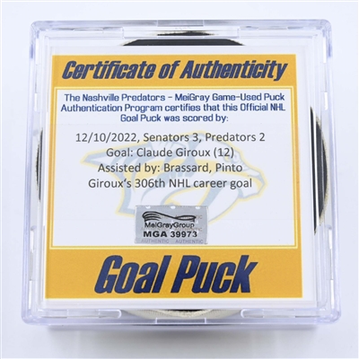 Claude Giroux - Ottawa Senators - Goal Puck - December 10, 2022 vs. Nashville Predators (Predators Logo) 