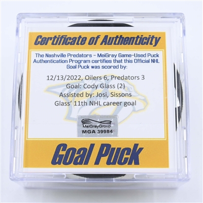 Cody Glass - Nashville Predators - Goal Puck - December 13, 2022 vs. Edmonton Oilers (Predators Logo) 