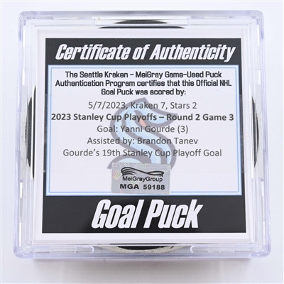 Yanni Gourde - Seattle Kraken - Goal Puck - May 7, 2023 vs. Dallas Stars - 2023 Stanley Cup Playoffs - Round 2, Game 3 (Kraken Logo) 