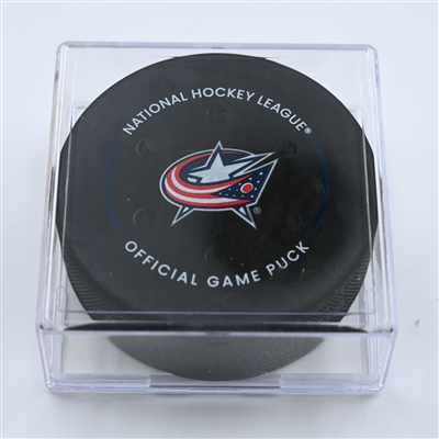 Matt Grzelcyk - Boston Bruins - Goal Puck - October 28, 2022 vs. Columbus Blue Jackets (Blue Jackets Logo)  - 2022-23 NHL Season