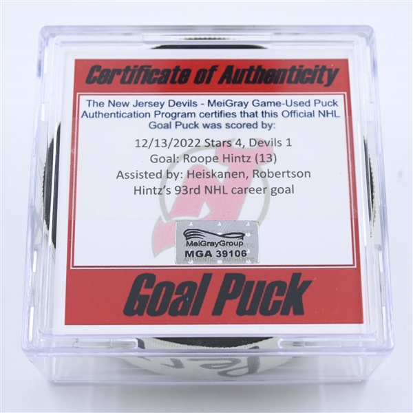 Roope Hintz - Dallas Stars - Goal Puck - December 13, 2022 vs. New Jersey Devils (Devils 40th Anniversary Logo) 