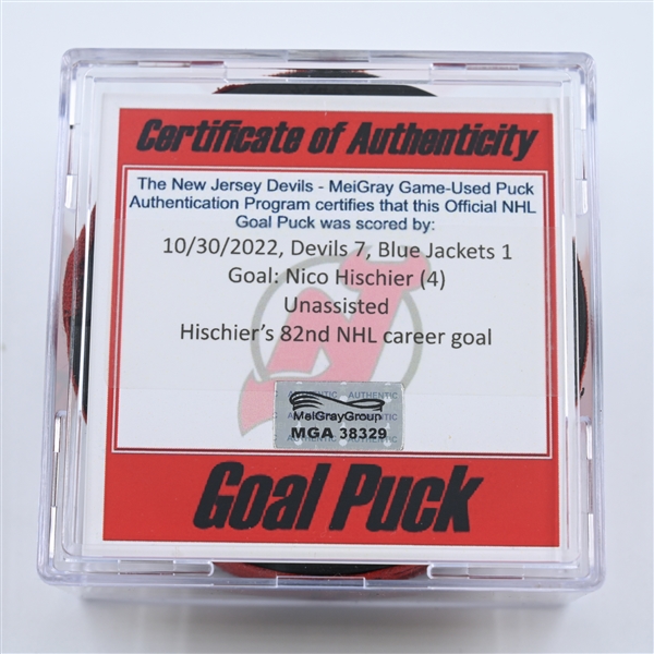 Nico Hischier - New Jersey Devils - Goal Puck - October 30, 2022 vs. Columbus Blue Jackets (Devils 40th Anniversary Logo)  - 2022-23 NHL Season