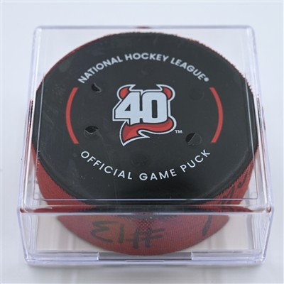 Nico Hischier - New Jersey Devils - Goal Puck - October 30, 2022 vs. Columbus Blue Jackets (Devils' 40th Anniversary Logo)  - 2022-23 NHL Season