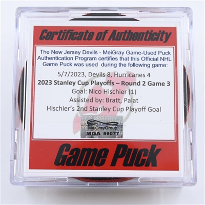 Nico Hischier - New Jersey Devils - Goal Puck - May 7, 2023 vs. Carolina Hurricanes - 2023 Stanley Cup Playoffs - Round 2, Game 3 (Devils' 40th Anniversary Logo) 