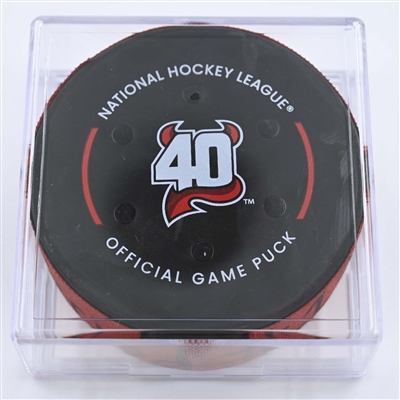 Nico Hischier - New Jersey Devils - Goal Puck - May 7, 2023 vs. Carolina Hurricanes - 2023 Stanley Cup Playoffs - Round 2, Game 3 (Devils' 40th Anniversary Logo) 