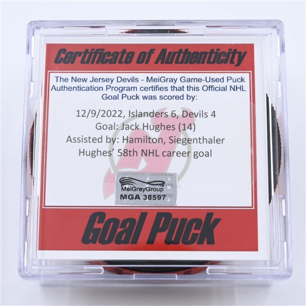 Jack Hughes - New Jersey Devils - Goal Puck - December 9, 2022 vs. New York Islanders (Devils 40th Anniversary Logo) 