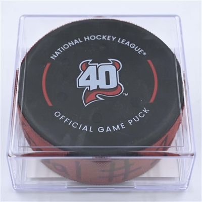 Jack Hughes - New Jersey Devils - Goal Puck - December 9, 2022 vs. New York Islanders (Devils' 40th Anniversary Logo) 