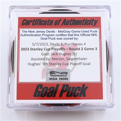 Jack Hughes - New Jersey Devils - Goal Puck - May 7, 2023 vs. Carolina Hurricanes - 2023 Stanley Cup Playoffs - Round 2, Game 3 (Devils 40th Anniversary Logo) 