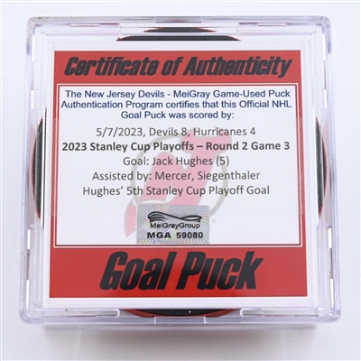 Jack Hughes - New Jersey Devils - Goal Puck - May 7, 2023 vs. Carolina Hurricanes - 2023 Stanley Cup Playoffs - Round 2, Game 3 (Devils' 40th Anniversary Logo) 