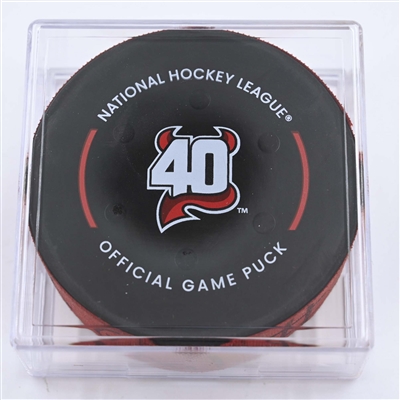 Jack Hughes - New Jersey Devils - Goal Puck - May 7, 2023 vs. Carolina Hurricanes - 2023 Stanley Cup Playoffs - Round 2, Game 3 (Devils' 40th Anniversary Logo) 