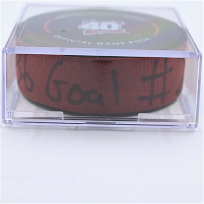 Jack Hughes - New Jersey Devils - Goal Puck - May 7, 2023 vs. Carolina Hurricanes - 2023 Stanley Cup Playoffs - Round 2, Game 3 (Devils' 40th Anniversary Logo) 