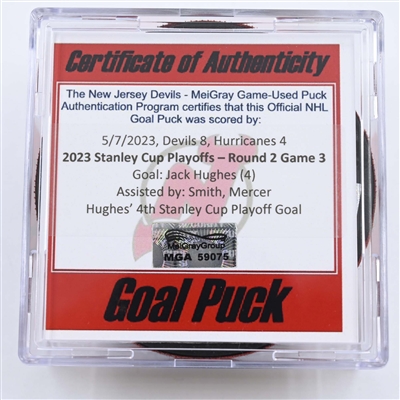 Jack Hughes - New Jersey Devils - Goal Puck - May 7, 2023 vs. Carolina Hurricanes - 2023 Stanley Cup Playoffs - Round 2, Game 3 (Devils' 40th Anniversary Logo) 