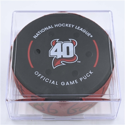 Jack Hughes - New Jersey Devils - Goal Puck - May 7, 2023 vs. Carolina Hurricanes - 2023 Stanley Cup Playoffs - Round 2, Game 3 (Devils' 40th Anniversary Logo) 