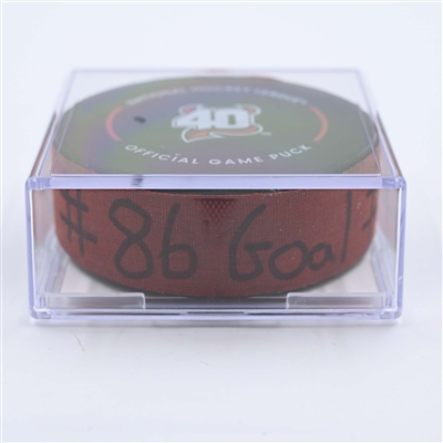 Jack Hughes - New Jersey Devils - Goal Puck - May 7, 2023 vs. Carolina Hurricanes - 2023 Stanley Cup Playoffs - Round 2, Game 3 (Devils' 40th Anniversary Logo) 
