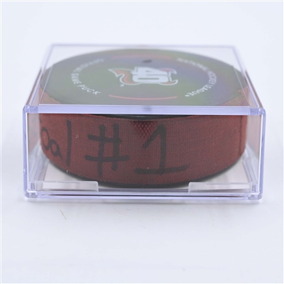 Jack Hughes - New Jersey Devils - Goal Puck - May 7, 2023 vs. Carolina Hurricanes - 2023 Stanley Cup Playoffs - Round 2, Game 3 (Devils' 40th Anniversary Logo) 