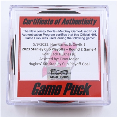 Jack Hughes - New Jersey Devils - Goal Puck - May 9, 2023 vs. Carolina Hurricanes - 2023 Stanley Cup Playoffs - Round 2, Game 4 (Devils 40th Anniversary Logo) 