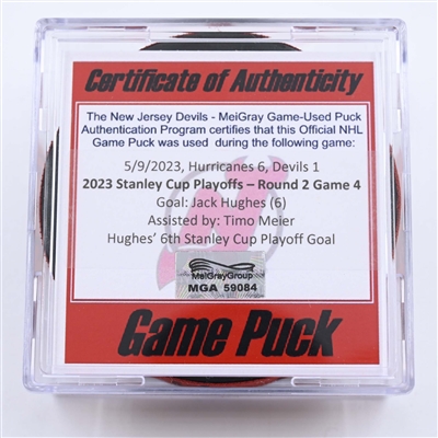 Jack Hughes - New Jersey Devils - Goal Puck - May 9, 2023 vs. Carolina Hurricanes - 2023 Stanley Cup Playoffs - Round 2, Game 4 (Devils' 40th Anniversary Logo) 