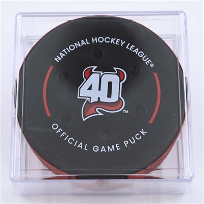 Jack Hughes - New Jersey Devils - Goal Puck - May 9, 2023 vs. Carolina Hurricanes - 2023 Stanley Cup Playoffs - Round 2, Game 4 (Devils' 40th Anniversary Logo) 