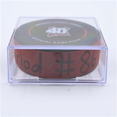 Jack Hughes - New Jersey Devils - Goal Puck - May 9, 2023 vs. Carolina Hurricanes - 2023 Stanley Cup Playoffs - Round 2, Game 4 (Devils' 40th Anniversary Logo) 
