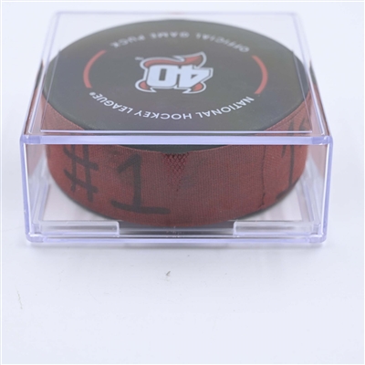 Jack Hughes - New Jersey Devils - Goal Puck - May 9, 2023 vs. Carolina Hurricanes - 2023 Stanley Cup Playoffs - Round 2, Game 4 (Devils' 40th Anniversary Logo) 