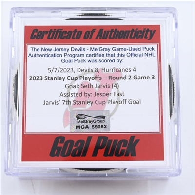 Seth Jarvis - Carolina Hurricanes - Goal Puck - May 7, 2023 vs. New Jersey Devils - 2023 Stanley Cup Playoffs - Round 2, Game 3 (Devils' 40th Anniversary Logo) 