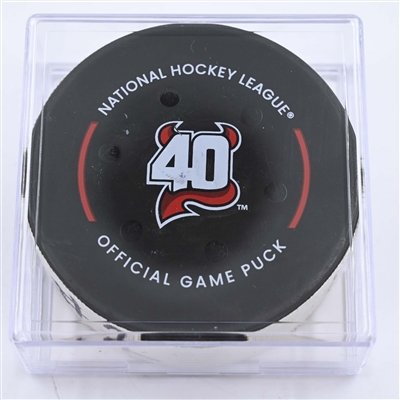 Seth Jarvis - Carolina Hurricanes - Goal Puck - May 7, 2023 vs. New Jersey Devils - 2023 Stanley Cup Playoffs - Round 2, Game 3 (Devils' 40th Anniversary Logo) 