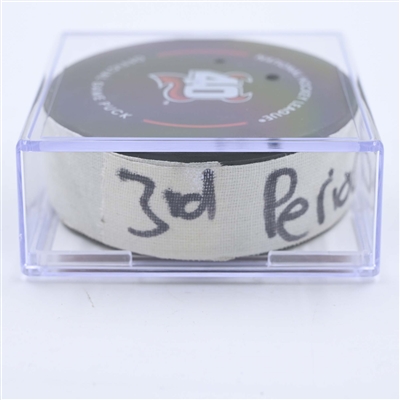 Seth Jarvis - Carolina Hurricanes - Goal Puck - May 7, 2023 vs. New Jersey Devils - 2023 Stanley Cup Playoffs - Round 2, Game 3 (Devils' 40th Anniversary Logo) 