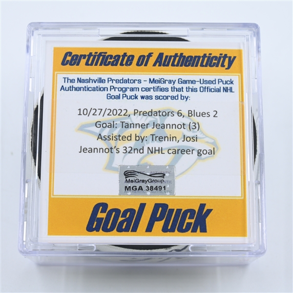 Tanner Jeannot - Nashville Predators - Goal Puck - October 27, 2022 vs. St. Louis Blues (Predators Logo)  - 2022-23 NHL Season