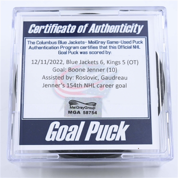 Boone Jenner - Columbus Blue Jackets - Goal Puck - December 11, 2022 vs. Los Angeles Kings (Blue Jackets Logo) 