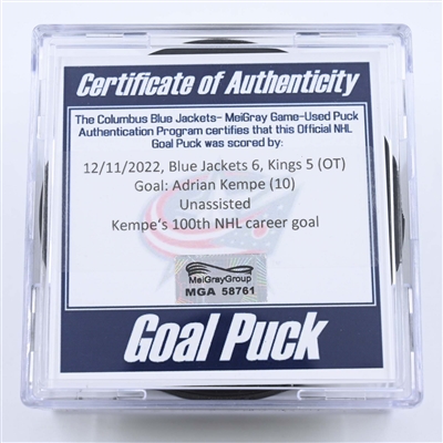 Adrian Kempe - Los Angeles Kings - Goal Puck - December 11, 2022 vs. Columbus Blue Jackets (Blue Jackets Logo) 