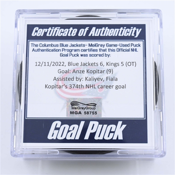 Anze Kopitar - Los Angeles Kings - Goal Puck - December 11, 2022 vs. Columbus Blue Jackets (Blue Jackets Logo) 