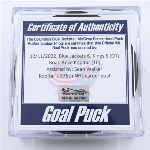 Anze Kopitar - Los Angeles Kings - Goal Puck - December 11, 2022 vs. Columbus Blue Jackets (Blue Jackets Logo) 