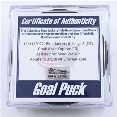 Anze Kopitar - Los Angeles Kings - Goal Puck - December 11, 2022 vs. Columbus Blue Jackets (Blue Jackets Logo) 