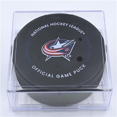 Anze Kopitar - Los Angeles Kings - Goal Puck - December 11, 2022 vs. Columbus Blue Jackets (Blue Jackets Logo) 