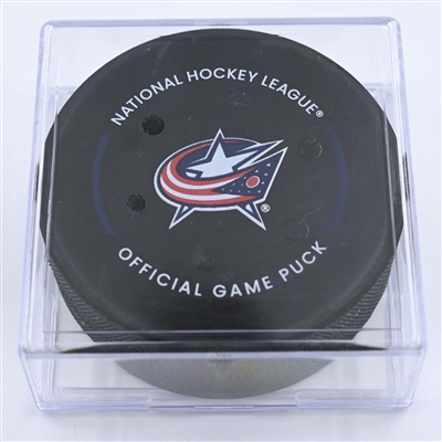 Peyton Krebs - Buffalo Sabres - Goal Puck - December 7, 2022 vs. Columbus Blue Jackets (Blue Jackets Logo) 