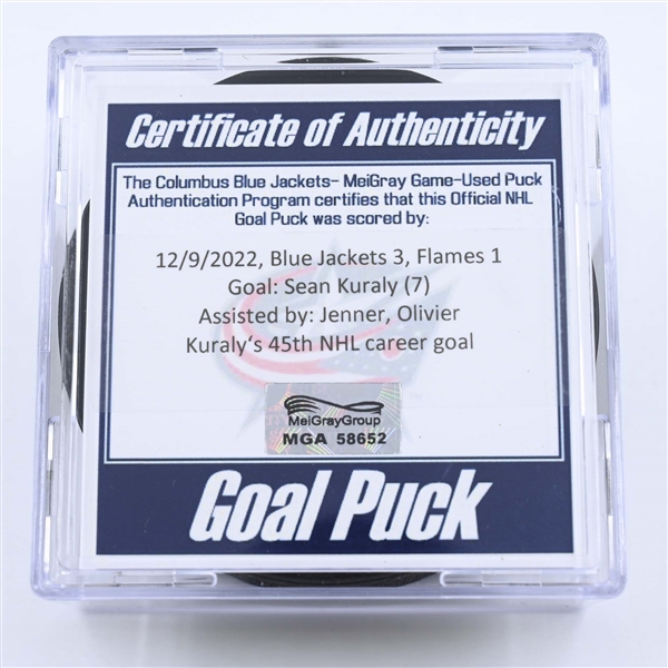 Sean Kuraly - Columbus Blue Jackets - Goal Puck - December 9, 2022 vs. Calgary Flames (Blue Jackets Logo) 