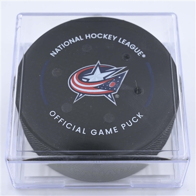 Sean Kuraly - Columbus Blue Jackets - Goal Puck - December 9, 2022 vs. Calgary Flames (Blue Jackets Logo) 