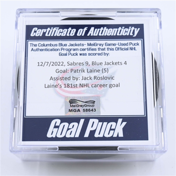 Patrik Laine - Columbus Blue Jackets - Goal Puck - December 7, 2022 vs. Buffalo Sabres (Blue Jackets Logo) 