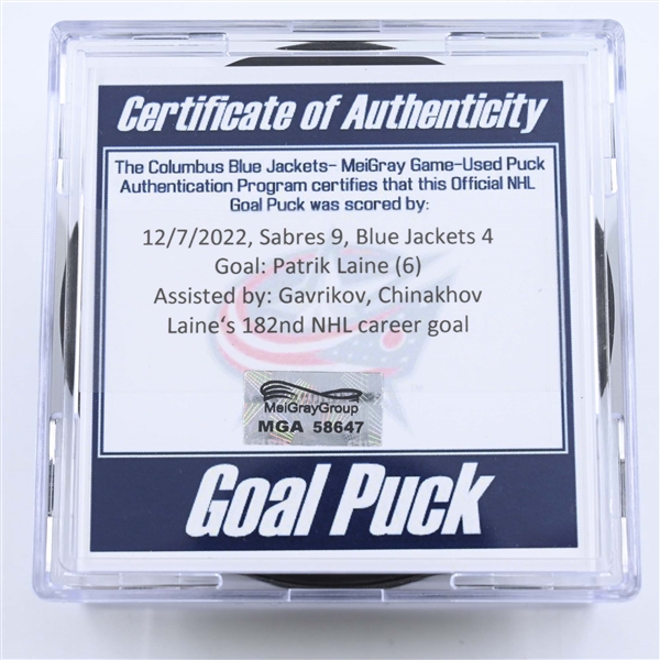 Patrik Laine - Columbus Blue Jackets - Goal Puck - December 7, 2022 vs. Buffalo Sabres (Blue Jackets Logo) 