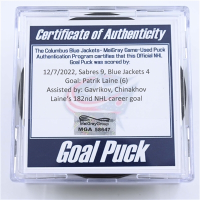 Patrik Laine - Columbus Blue Jackets - Goal Puck - December 7, 2022 vs. Buffalo Sabres (Blue Jackets Logo) 