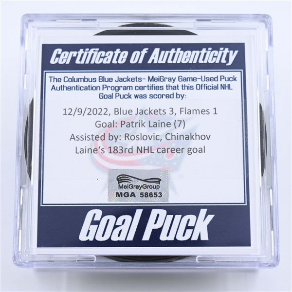 Patrik Laine - Columbus Blue Jackets - Goal Puck - December 9, 2022 vs. Calgary Flames (Blue Jackets Logo) 