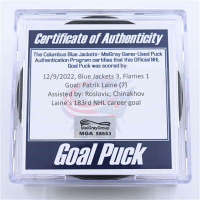 Patrik Laine - Columbus Blue Jackets - Goal Puck - December 9, 2022 vs. Calgary Flames (Blue Jackets Logo) 