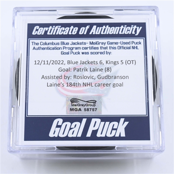 Patrik Laine - Columbus Blue Jackets - Goal Puck - December 11, 2022 vs. Los Angeles Kings (Blue Jackets Logo) 