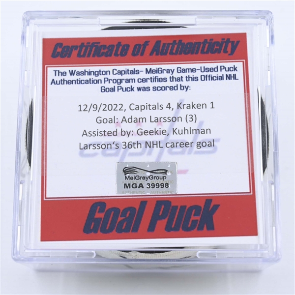 Adam Larsson - Seattle Kraken - Goal Puck - December 9, 2022 vs. Washington Capitals (Capitals Logo) 