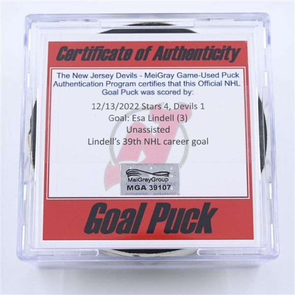 Esa Lindell - Dallas Stars - Goal Puck - December 13, 2022 vs. New Jersey Devils (Devils 40th Anniversary Logo) 