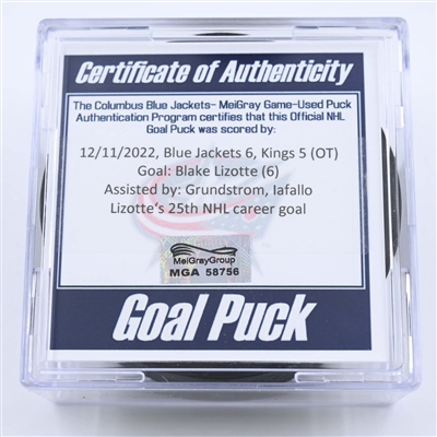 Blake Lizotte - Los Angeles Kings - Goal Puck - December 11, 2022 vs. Columbus Blue Jackets (Blue Jackets Logo) 