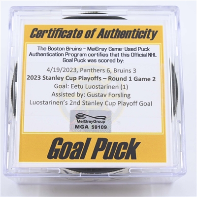 Eetu Luostarinen - Florida Panthers - Goal Puck - April 19, 2023 vs. Boston Bruins - 2023 Stanley Cup Playoffs - Round 1, Game 2 (Bruins Logo)