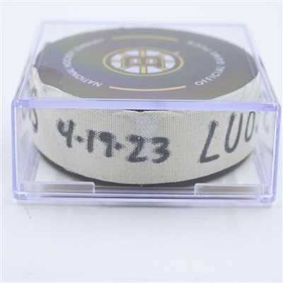 Eetu Luostarinen - Florida Panthers - Goal Puck - April 19, 2023 vs. Boston Bruins - 2023 Stanley Cup Playoffs - Round 1, Game 2 (Bruins Logo)