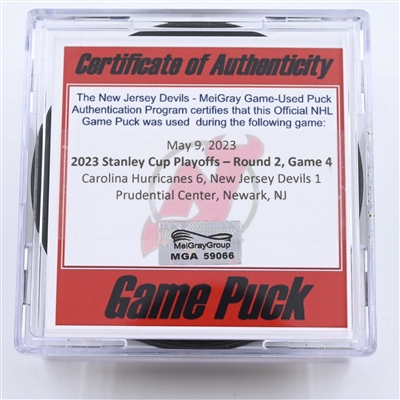 New Jersey Devils - Game Puck - May 9, 2023 vs. Carolina Hurricanes - 2023 Stanley Cup Playoffs - Round 2, Game 4 (Devils' 40th Anniversary Logo) 
